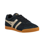 Navy blue suede Gola trainer with gold side stripes and a gum rubber sole