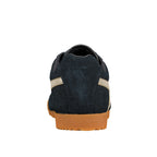 Rear view of a navy blue suede trainer with a gum rubber sole