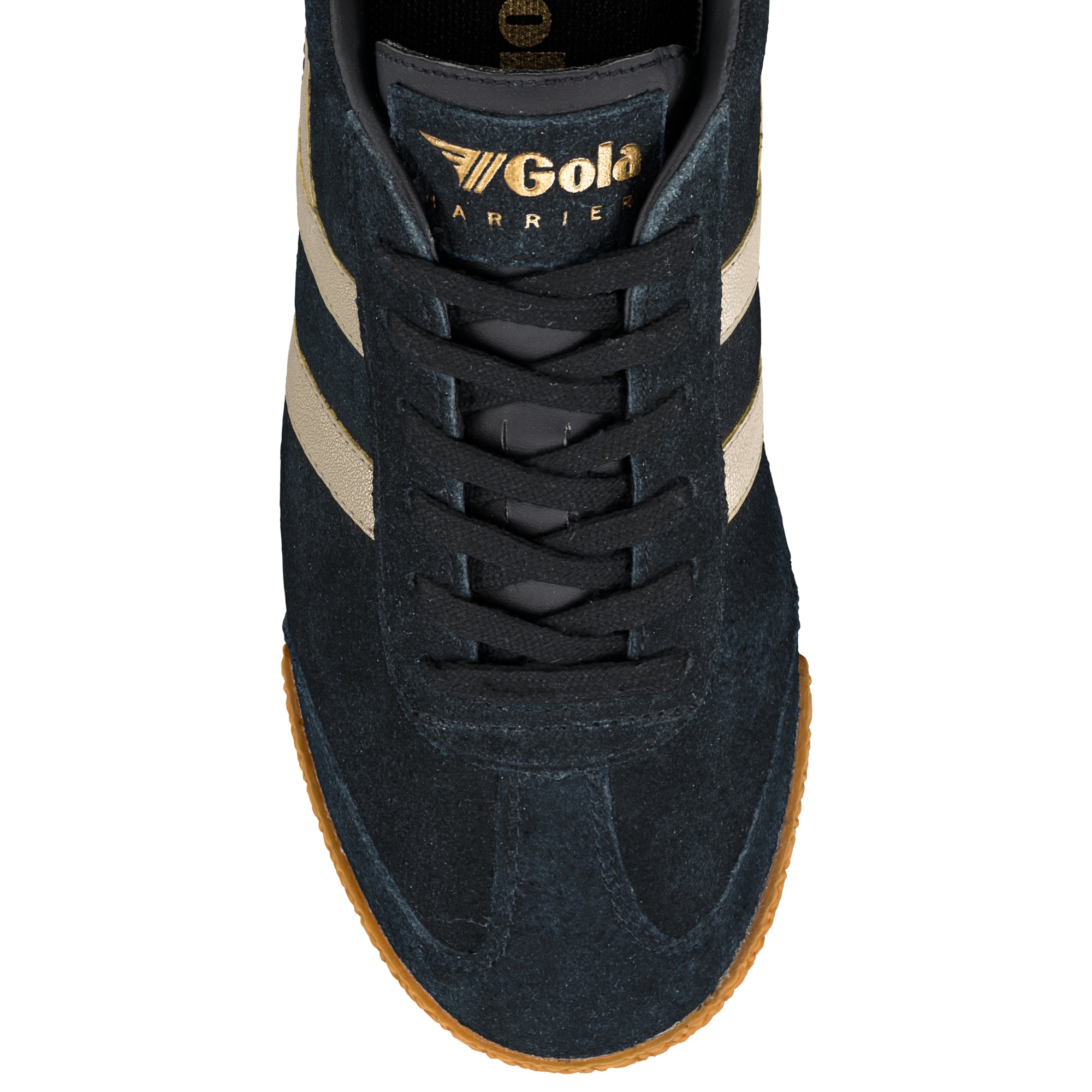 Top view of navy blue suede Gola Harrier trainer with gold branding and gum sole