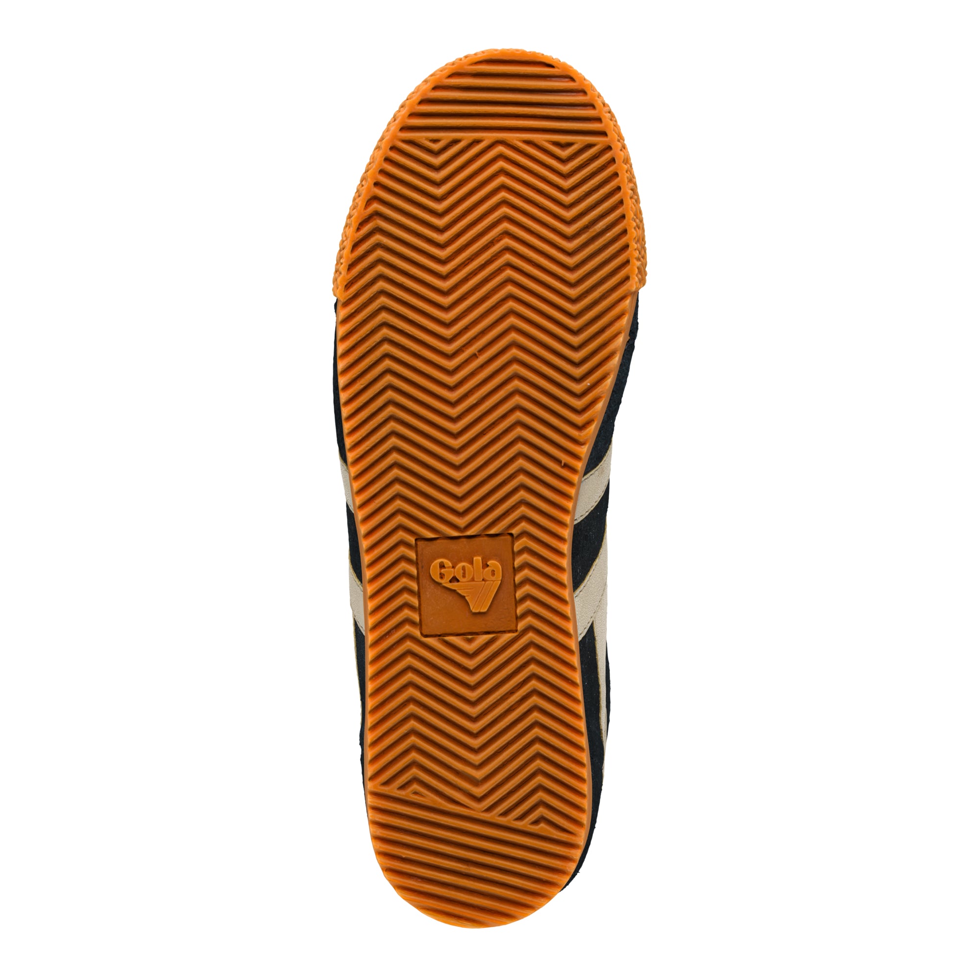 Orange rubber trainer sole with chevron tread pattern and Gola logo