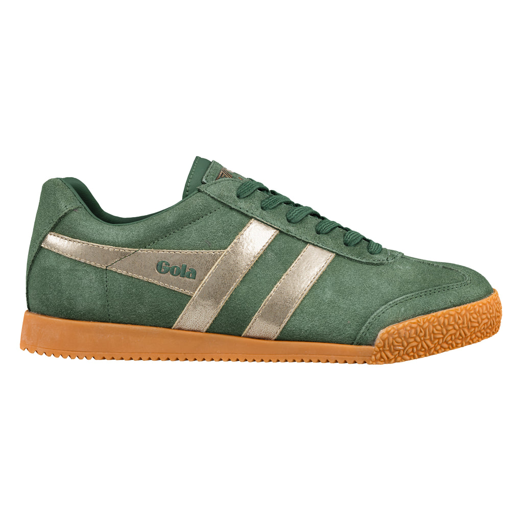 Dark green suede Gola trainer with metallic gold side stripes and a textured gum rubber sole