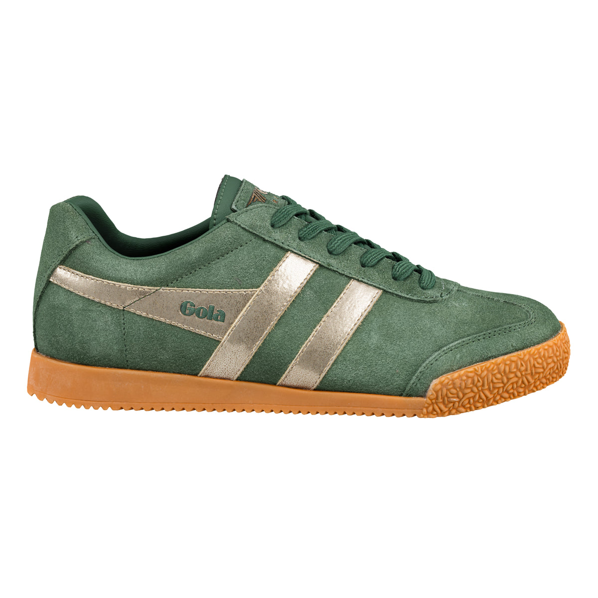 Gola Classics green suede trainer with gold side stripes and a gum rubber sole