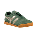 Dark green suede Gola trainer with metallic gold side stripes and a gum rubber sole