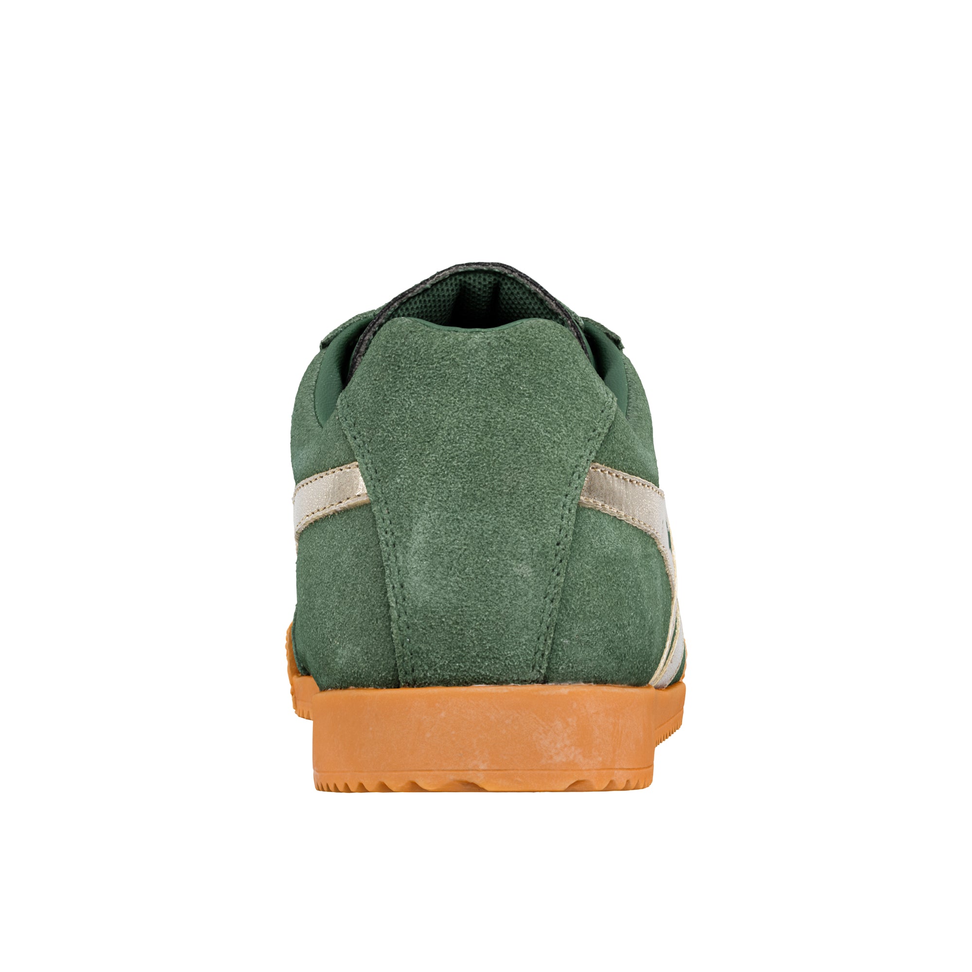 Rear view of a green suede trainer with a gum rubber sole