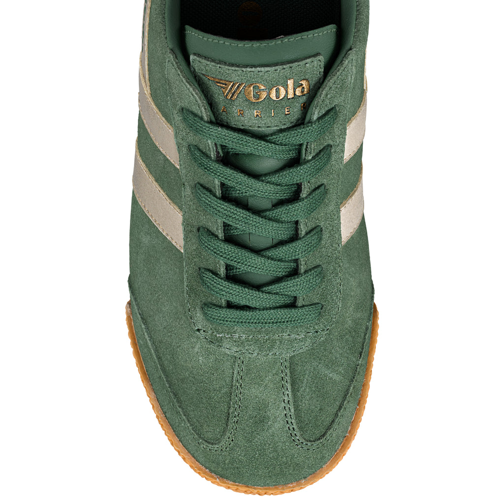 Green suede Gola Harrier trainer with gold branding and gum sole