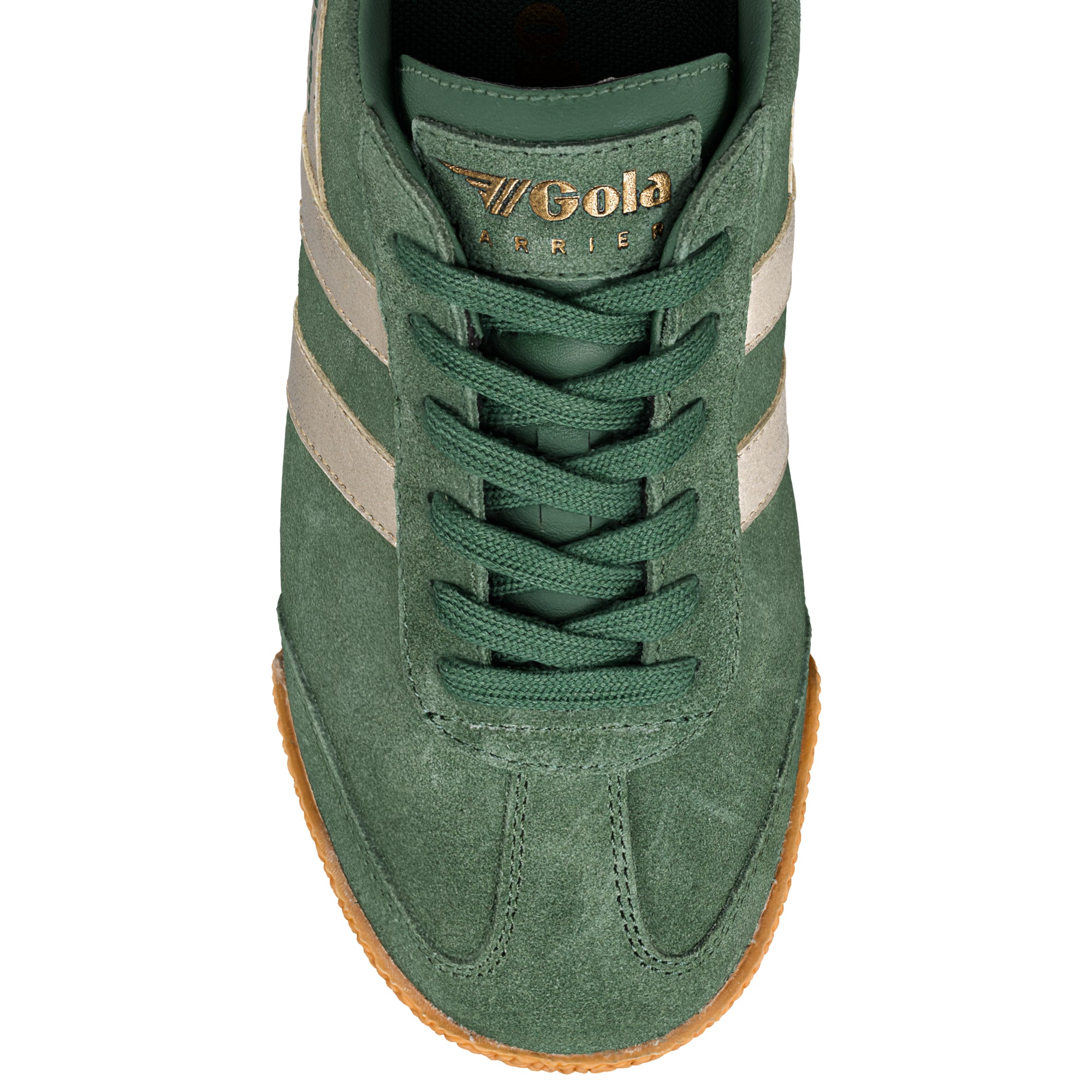 Green suede Gola Harrier trainer with gold branding and gum sole