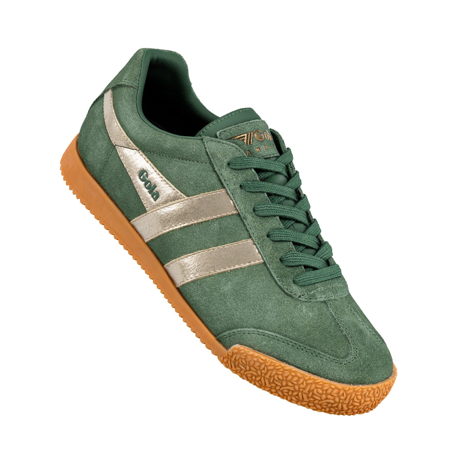 Green suede Gola trainer with metallic gold side stripes and gum rubber sole