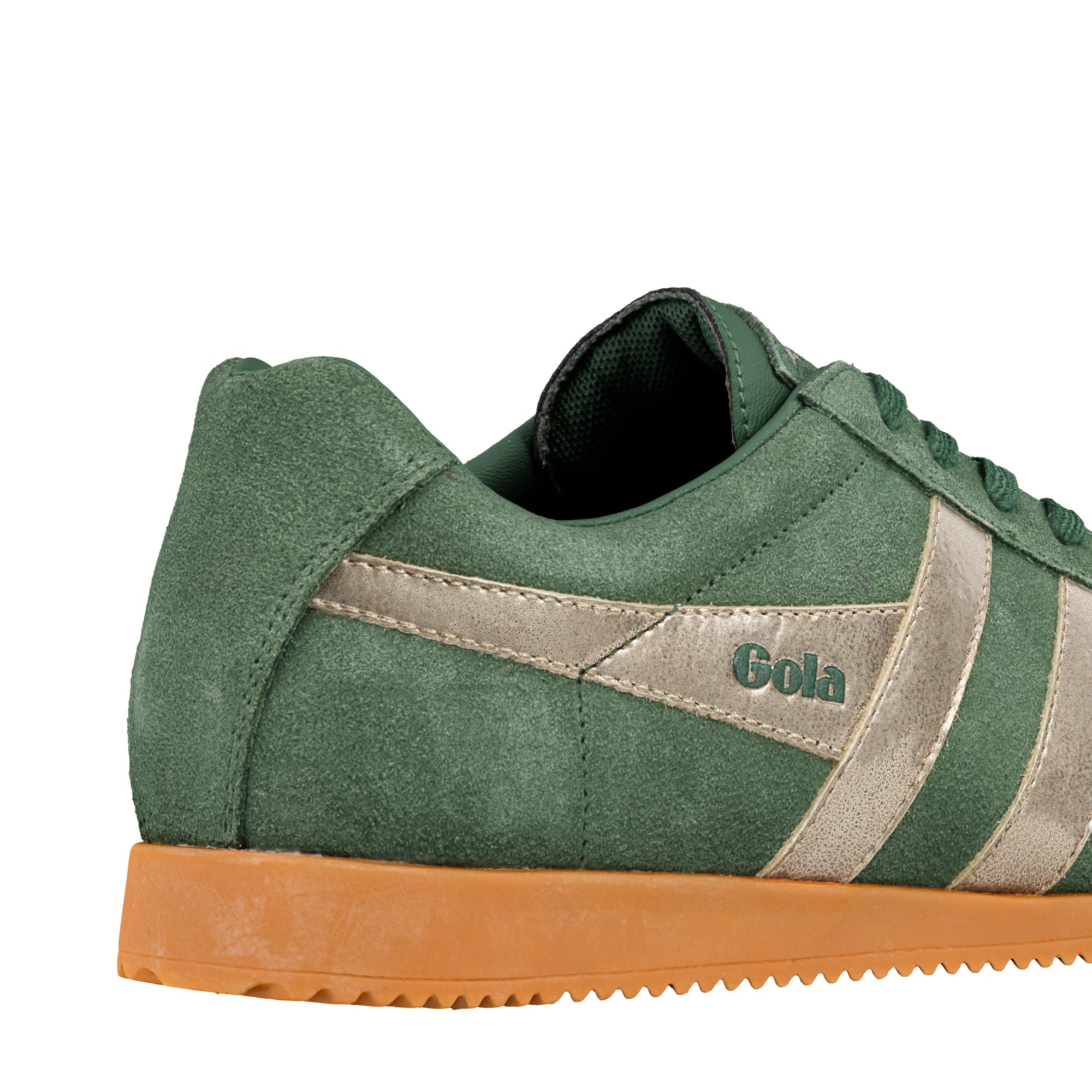 Rear view of a green suede Gola trainer with gold side stripes and a gum sole