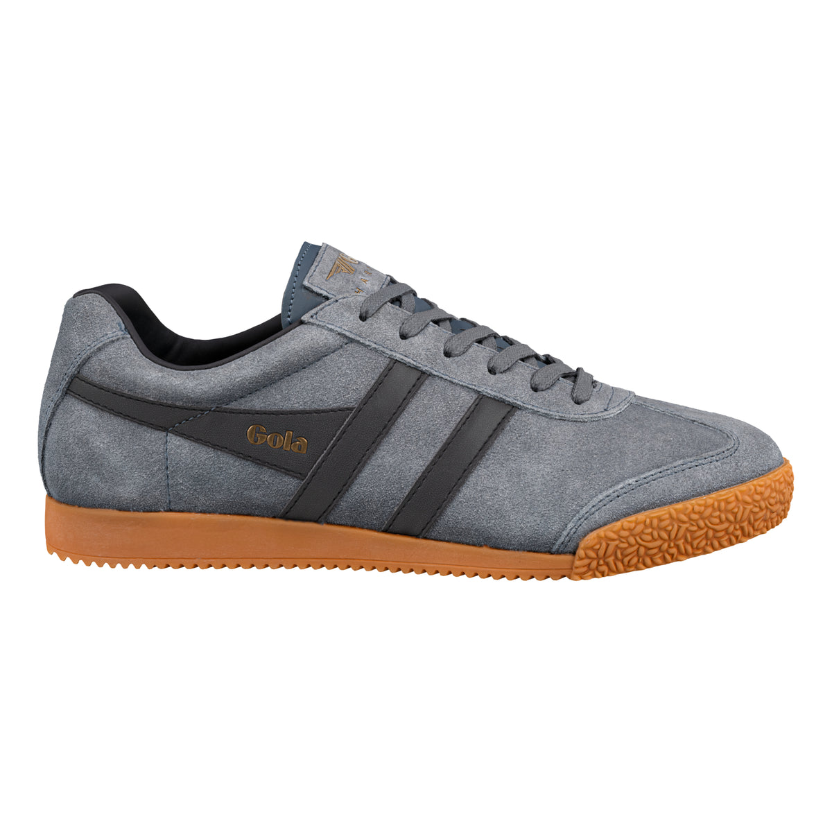 Gola Classics grey suede trainer with black side stripes and a gum rubber sole