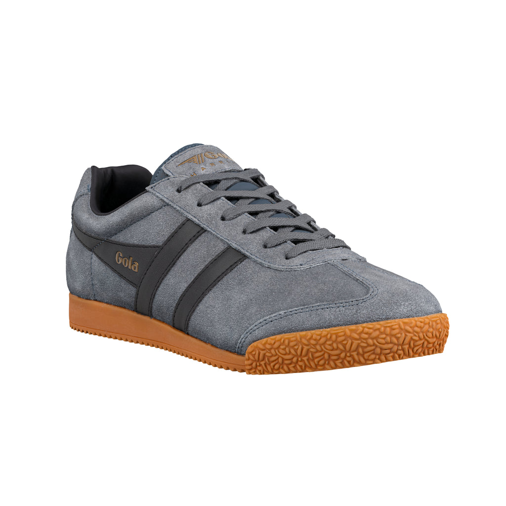 Grey suede Gola trainer with black side stripes and a gum rubber sole
