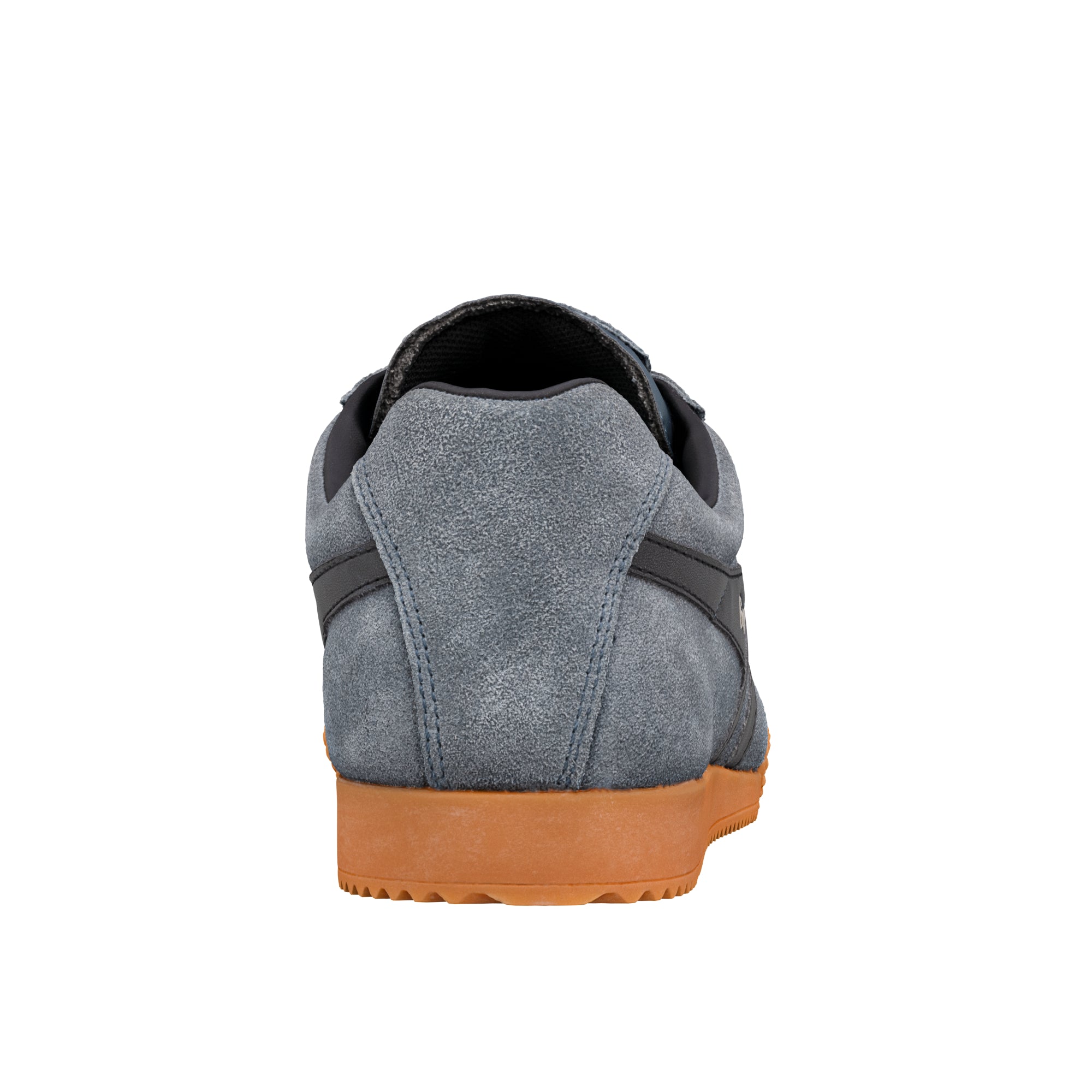 Rear view of a grey suede trainer with a gum rubber sole