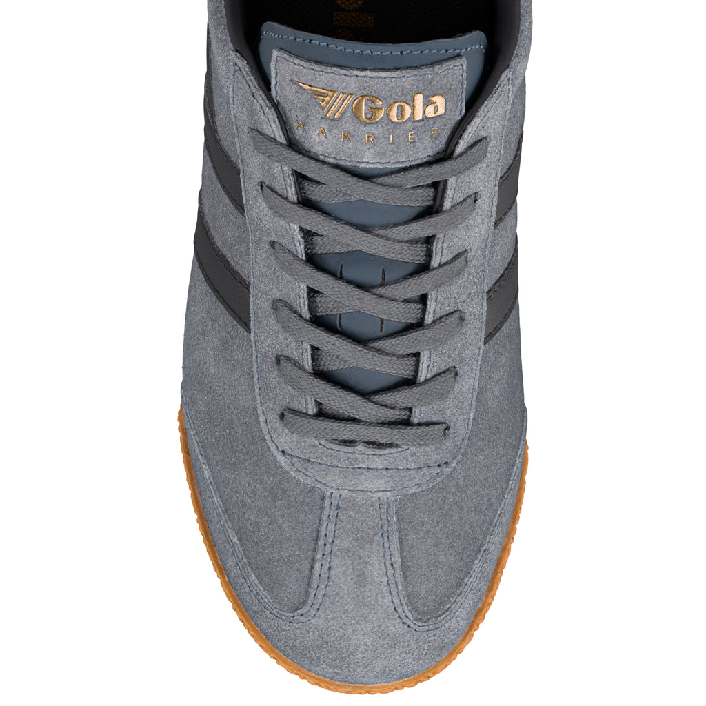 Top view of a grey suede Gola Harrier trainer with a gum sole