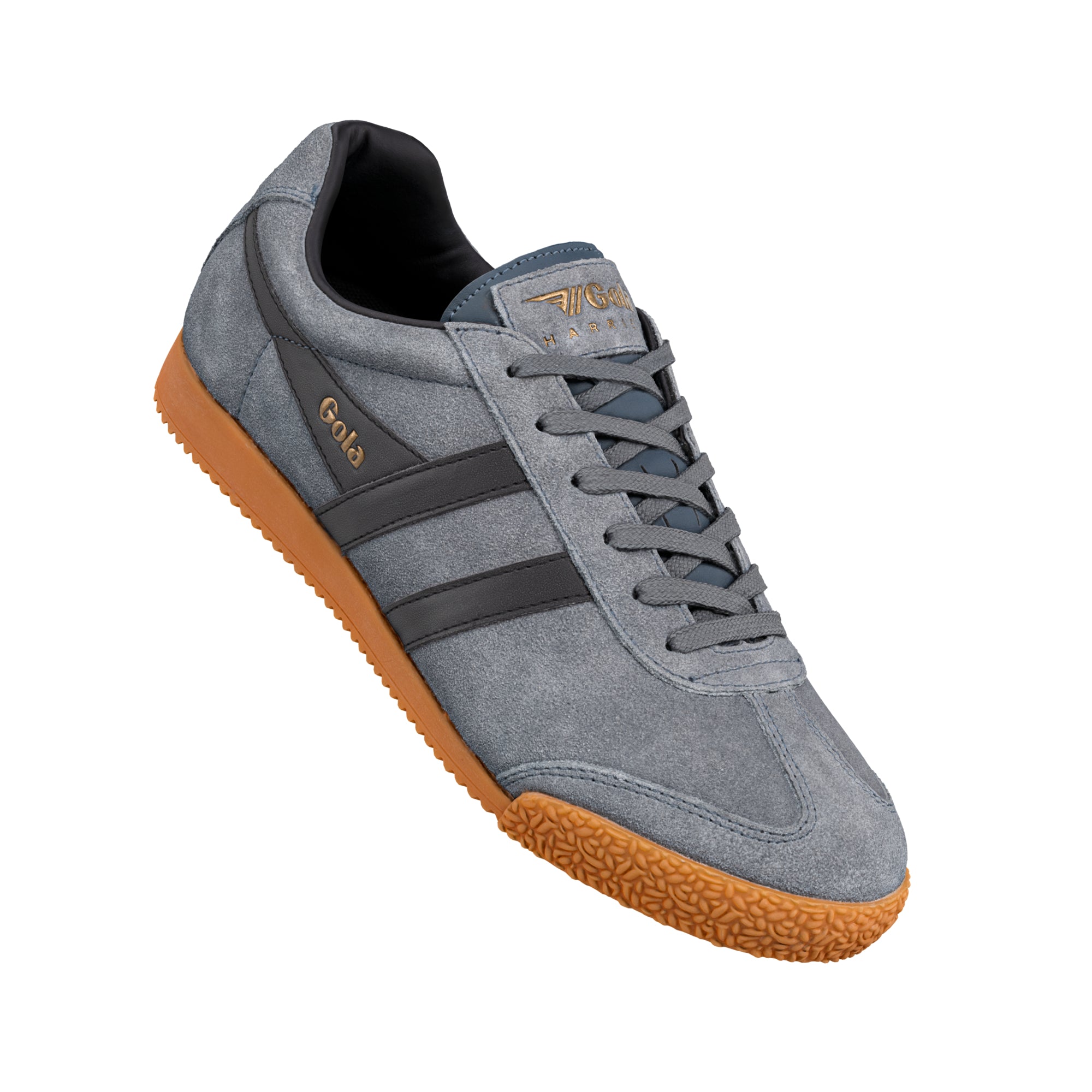Grey suede Gola trainer with dark grey side stripes and a gum rubber sole