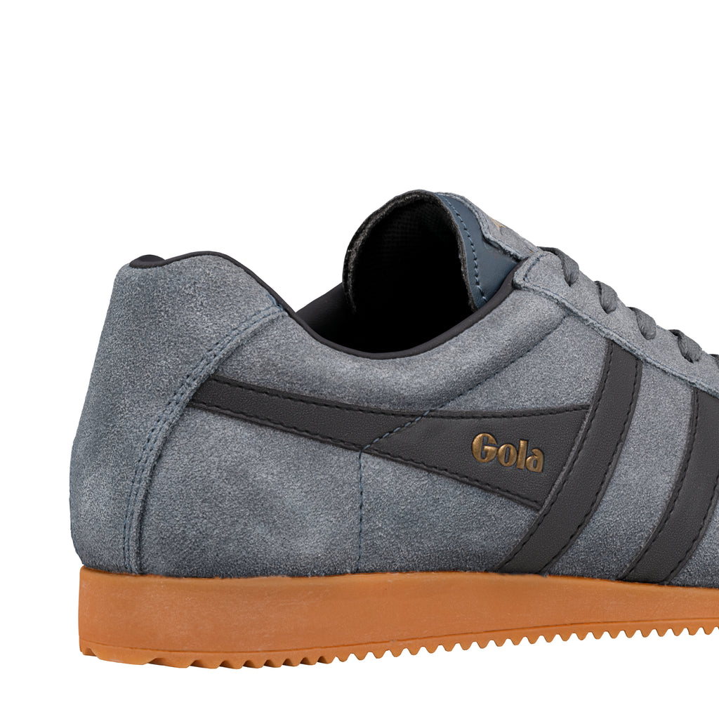 Grey suede Gola trainer with dark grey side stripes and a gum rubber sole