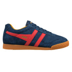 Navy blue suede trainer with red side stripes and a gum rubber sole