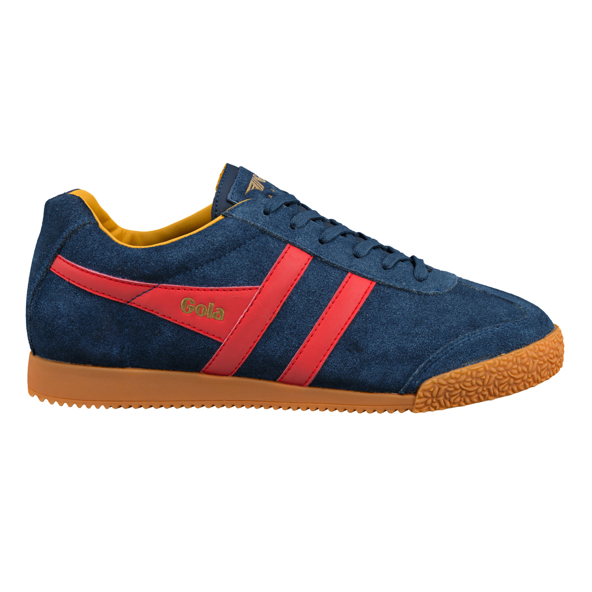 Gola Classics navy suede trainer with red side stripes and gum sole