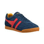 Navy blue suede Gola trainer with red side stripes and a gum rubber sole
