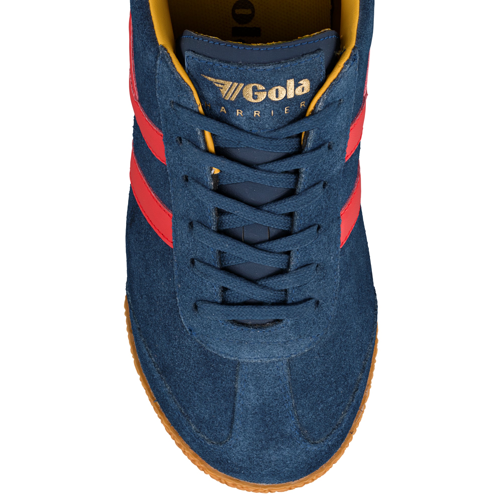 Navy suede Gola Harrier trainer with red side stripes and gum sole