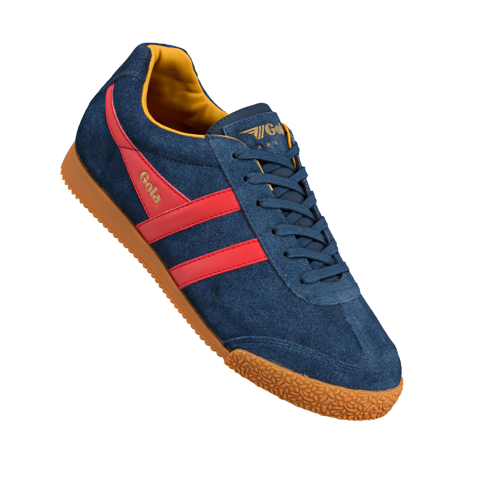 Navy blue suede Gola trainer with red side stripes and a gum sole