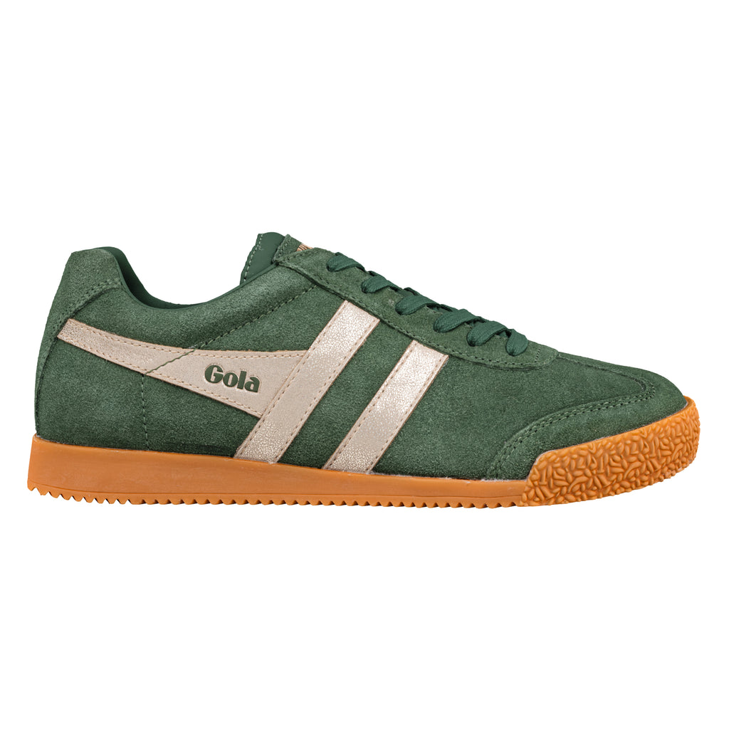 Dark green suede trainer with metallic side stripes and a gum rubber sole