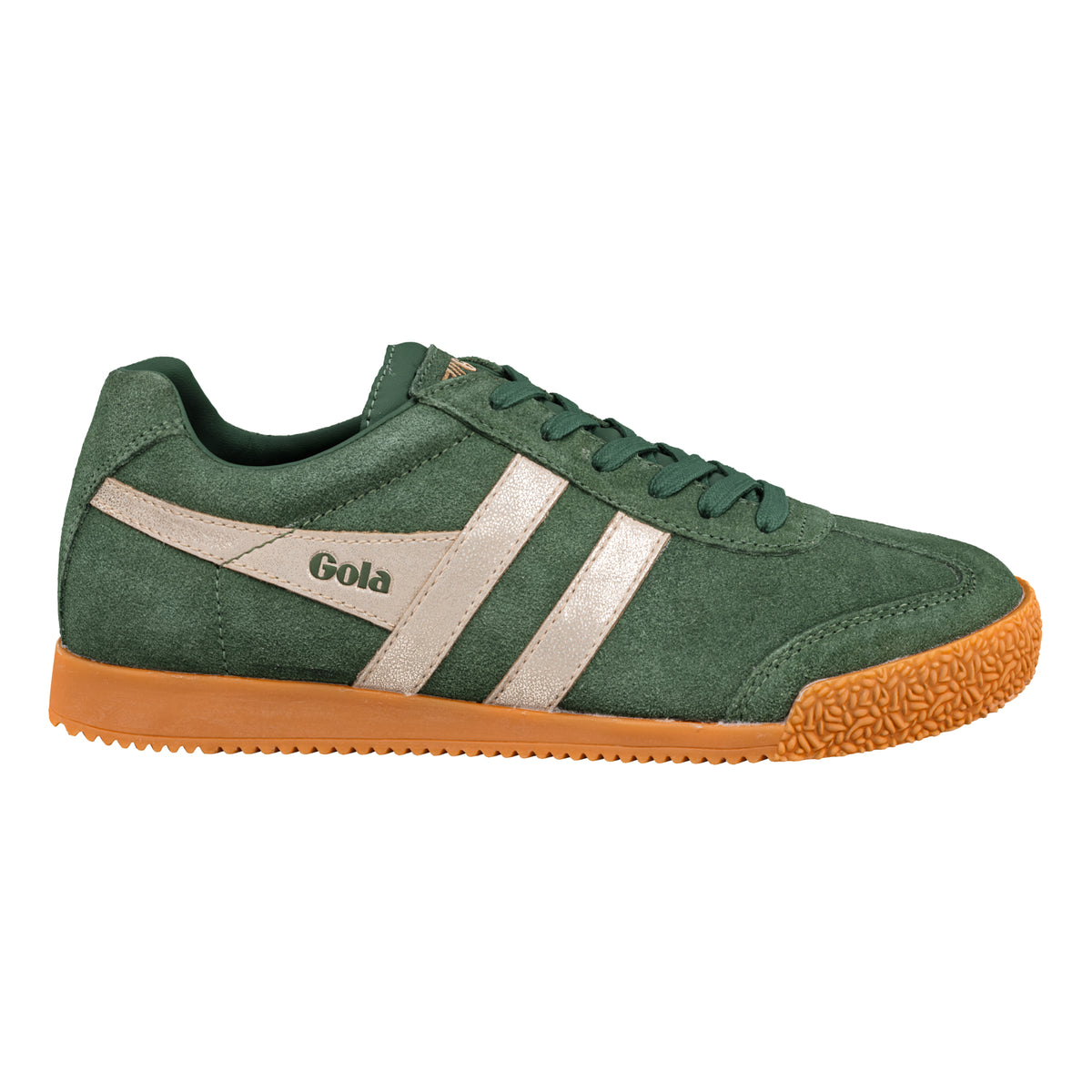Gola Classics green suede trainer with metallic side stripes and gum rubber sole