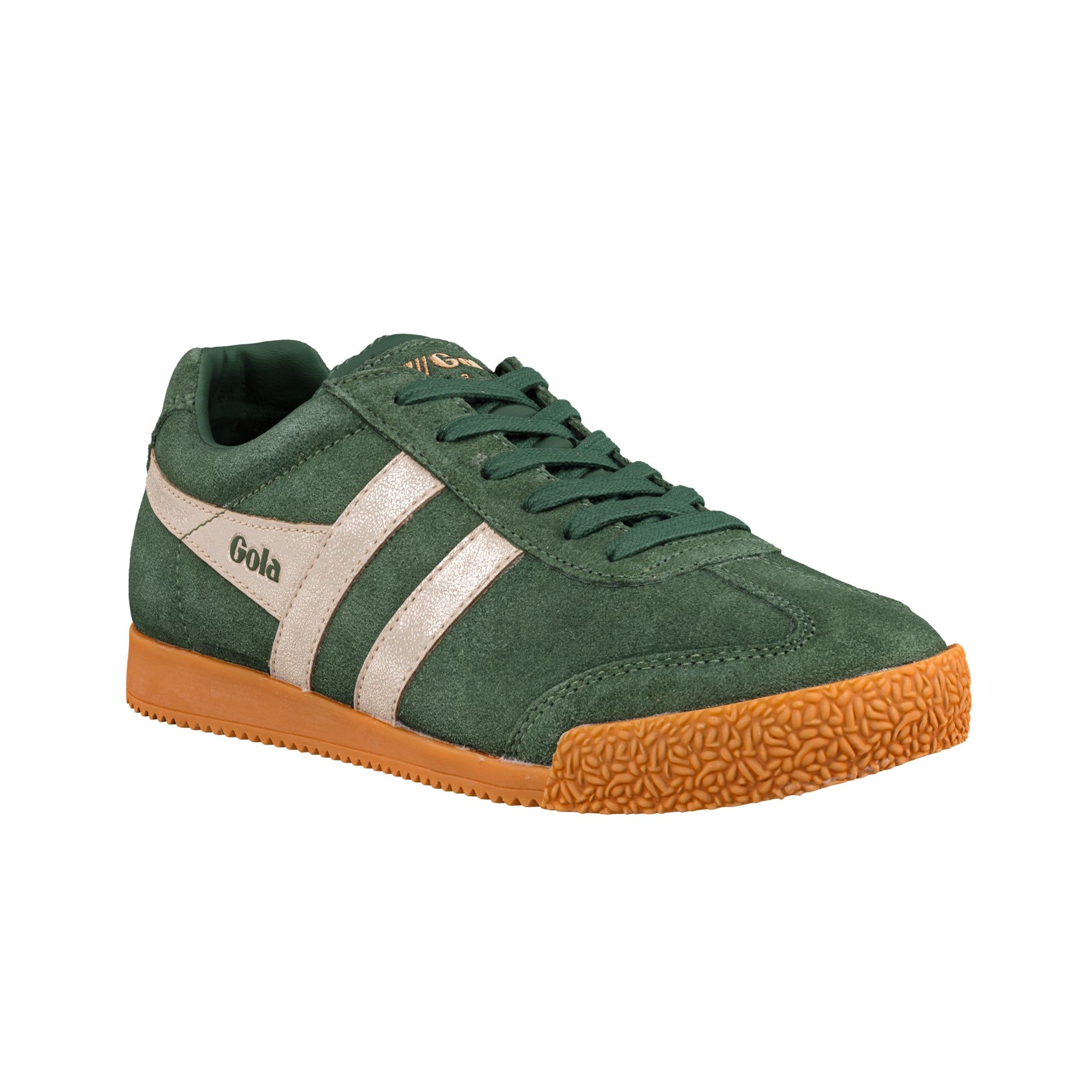 Dark green suede Gola trainer with metallic side stripes and a textured gum sole