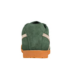 Rear view of a green suede trainer with a tan rubber sole