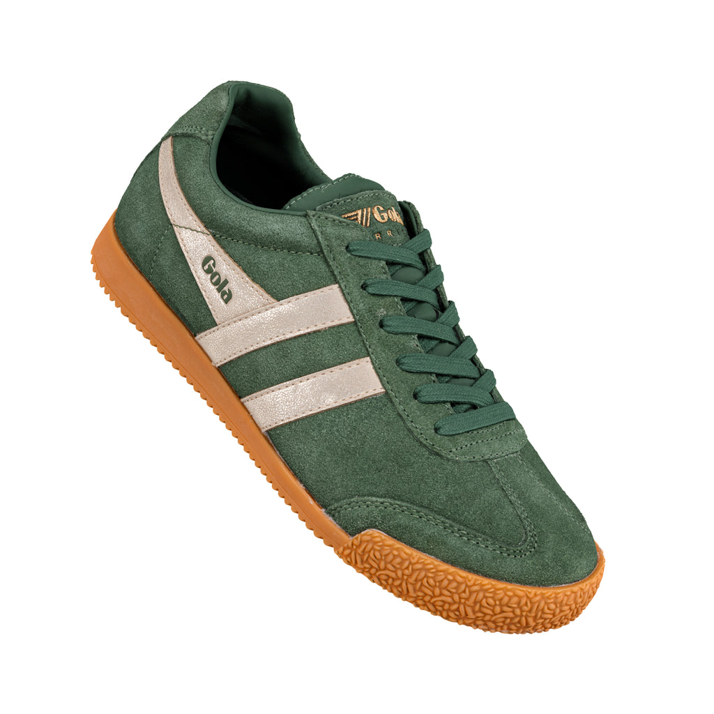 Dark green suede Gola trainer with metallic side stripes and a textured gum sole