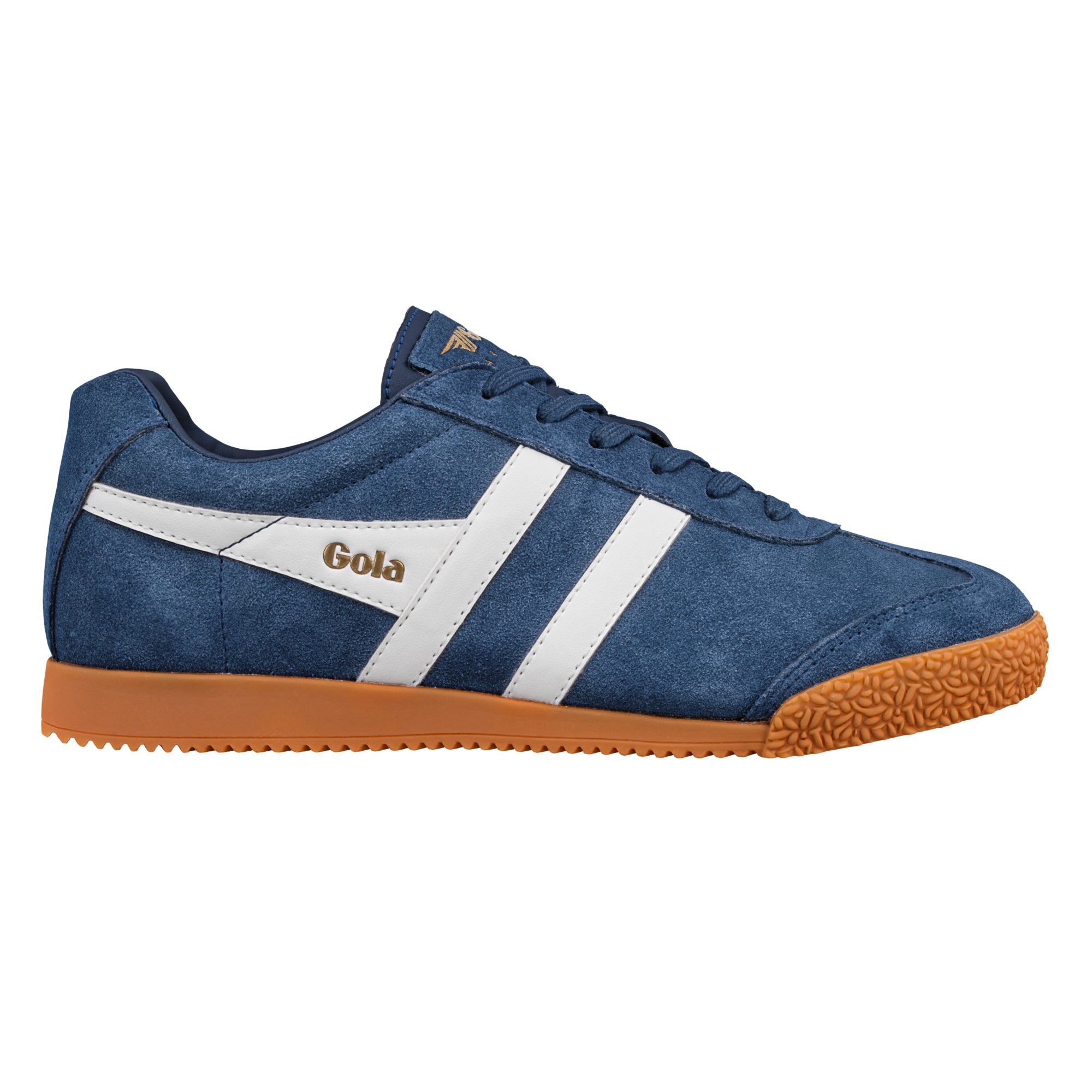 Gola Harrier suede trainers in navy with white stripes and a gum sole