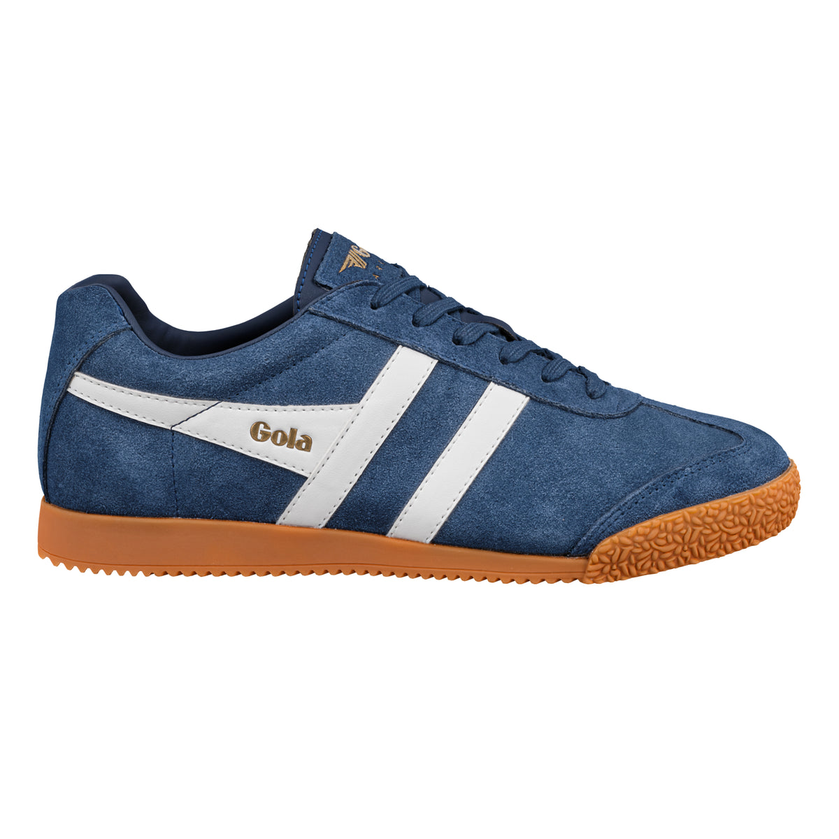 Gola Classics navy blue suede trainer with white side stripes and gum rubber sole