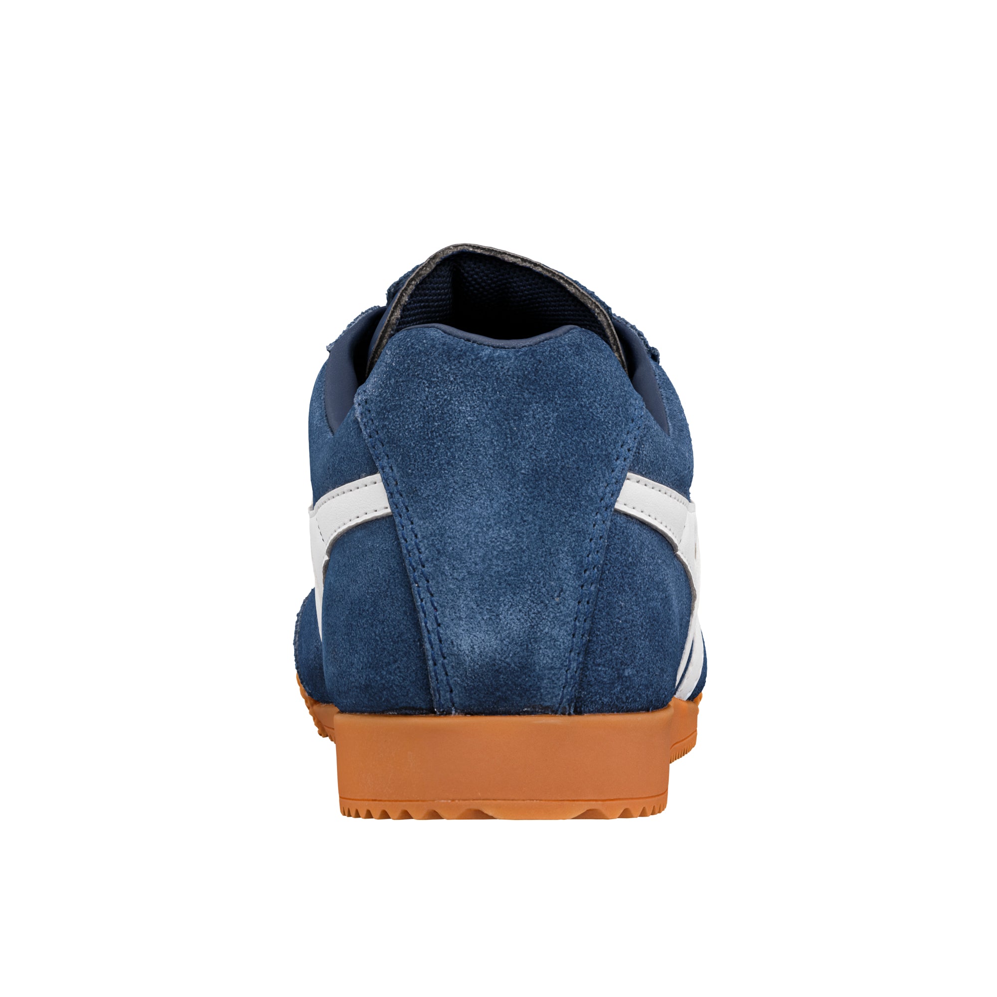 Rear view of a navy blue suede trainer with white stripes and a brown rubber sole