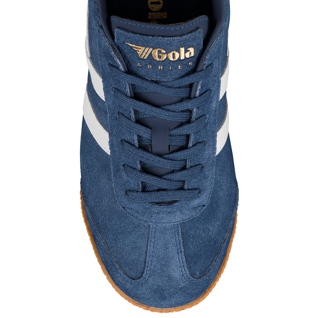 Navy blue suede Gola Harrier trainers with white stripes and a gum sole