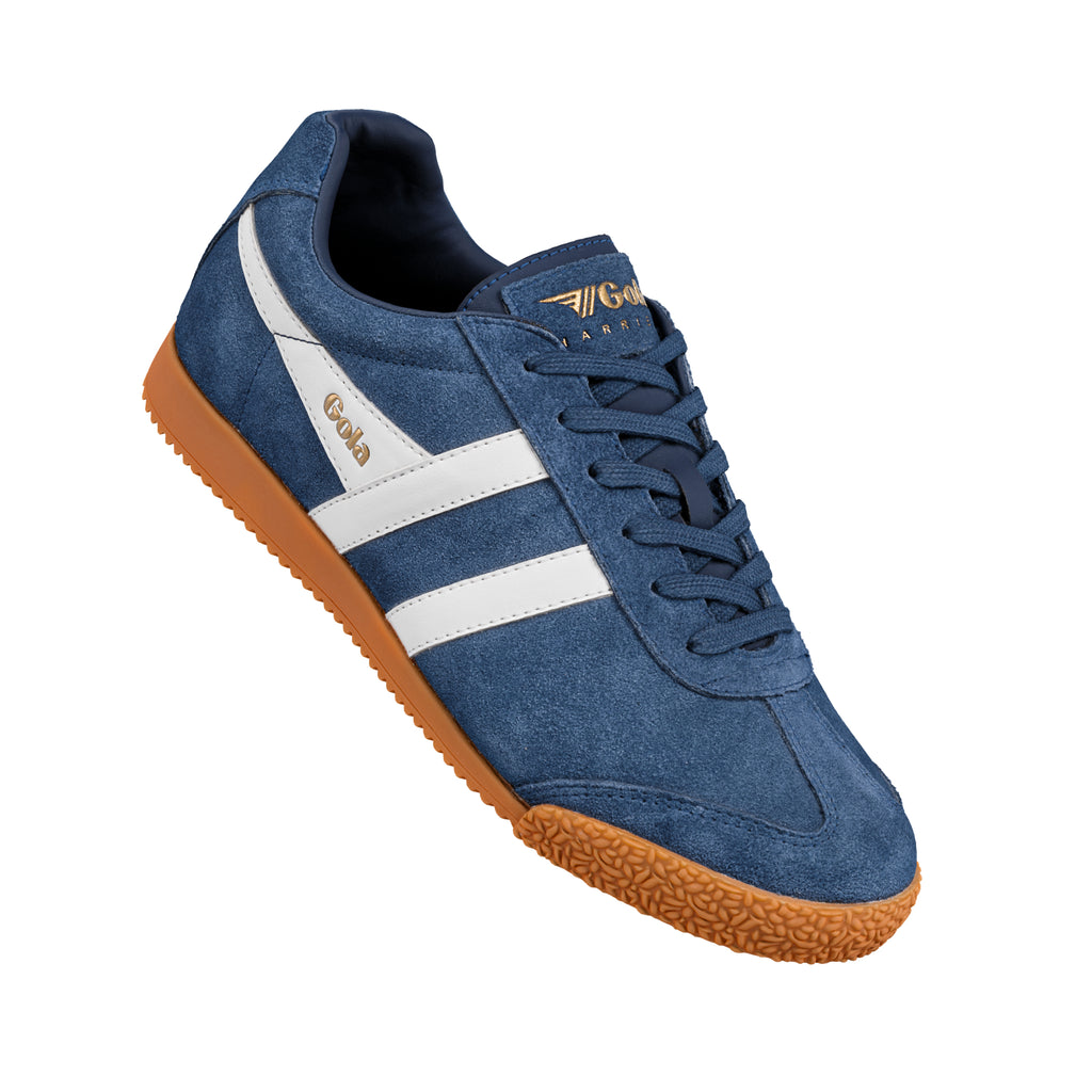 Gola Harrier suede trainers in navy with white stripes and a gum sole
