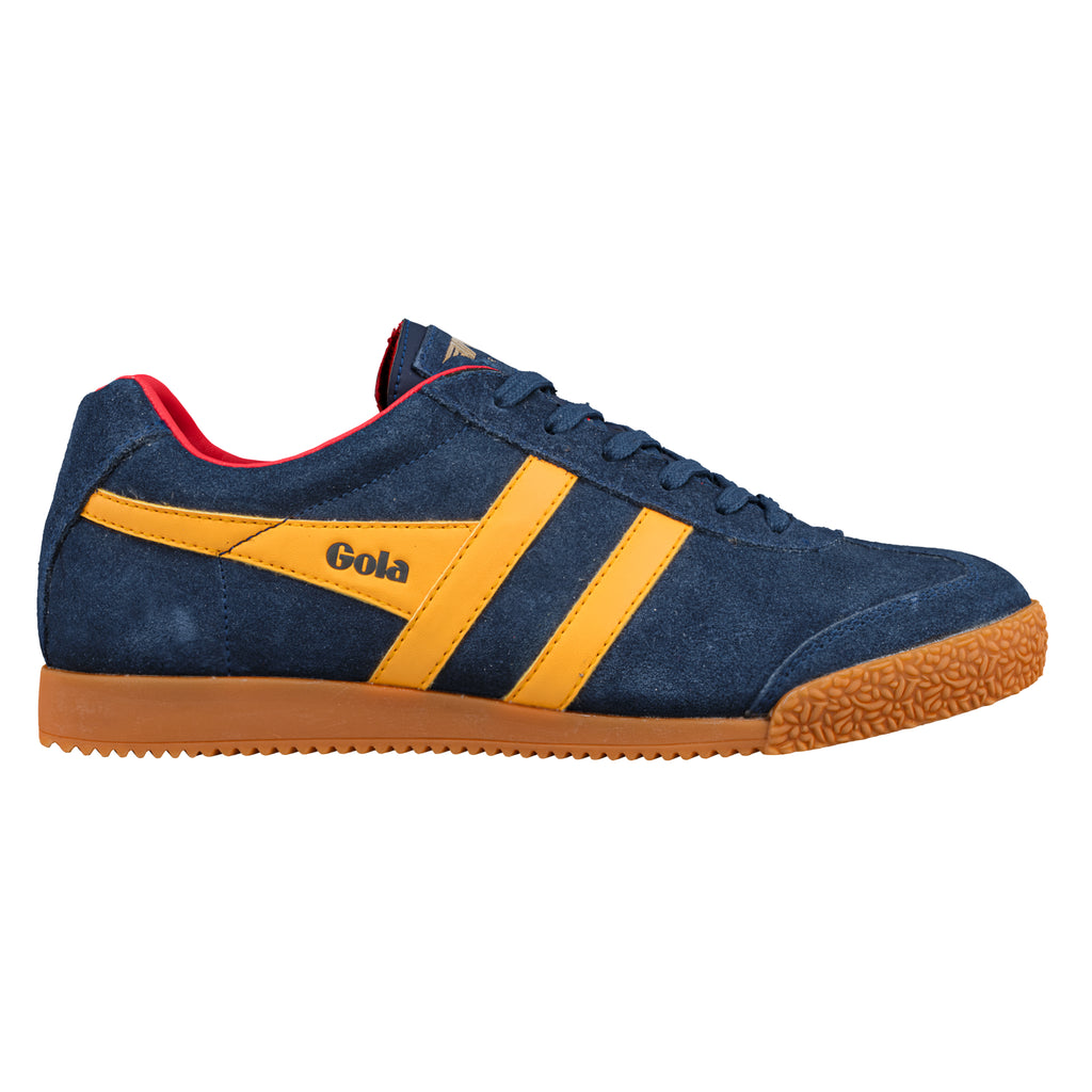 Navy blue suede trainer with yellow side stripes and a gum rubber sole