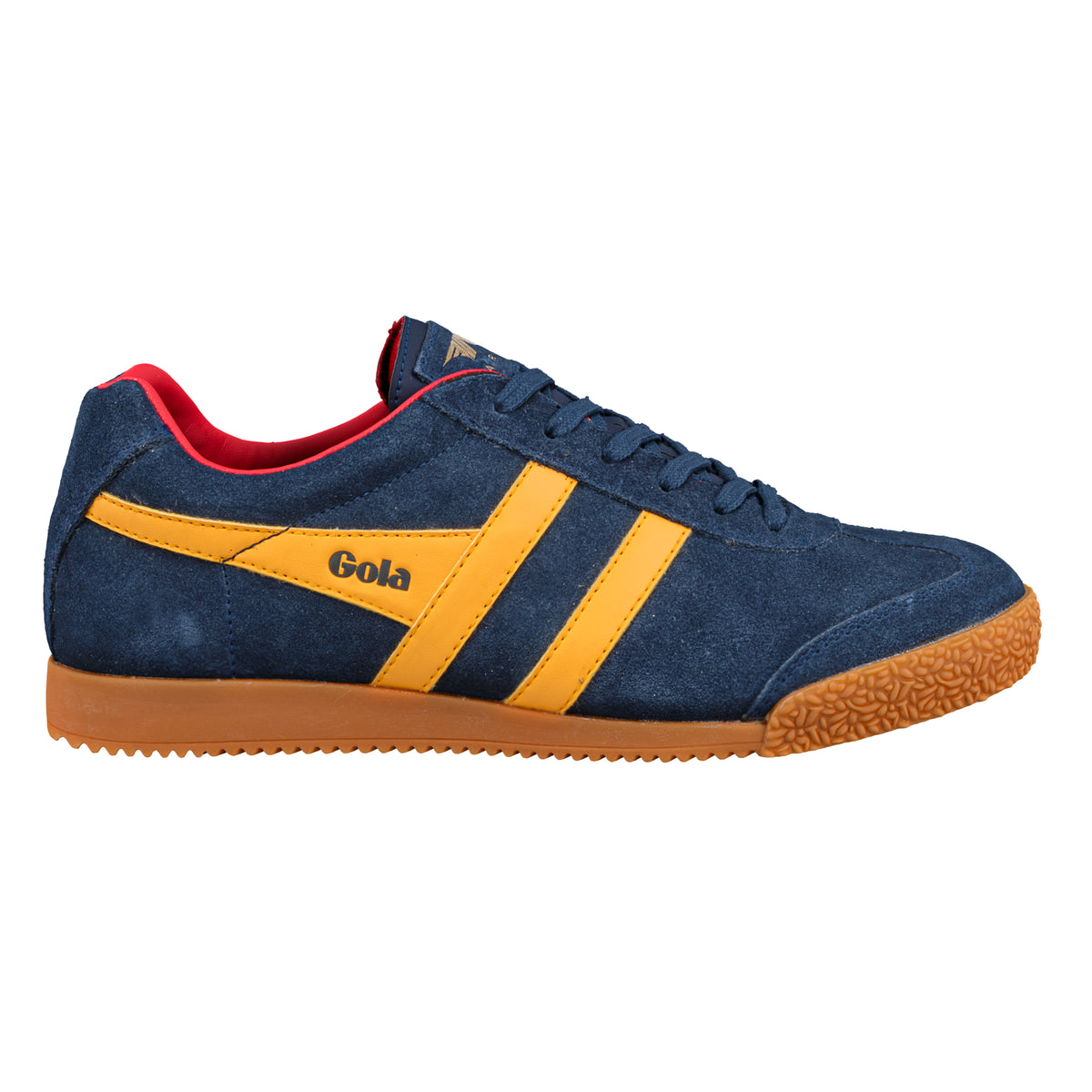 Gola Classics navy suede trainer with yellow side stripes and gum sole