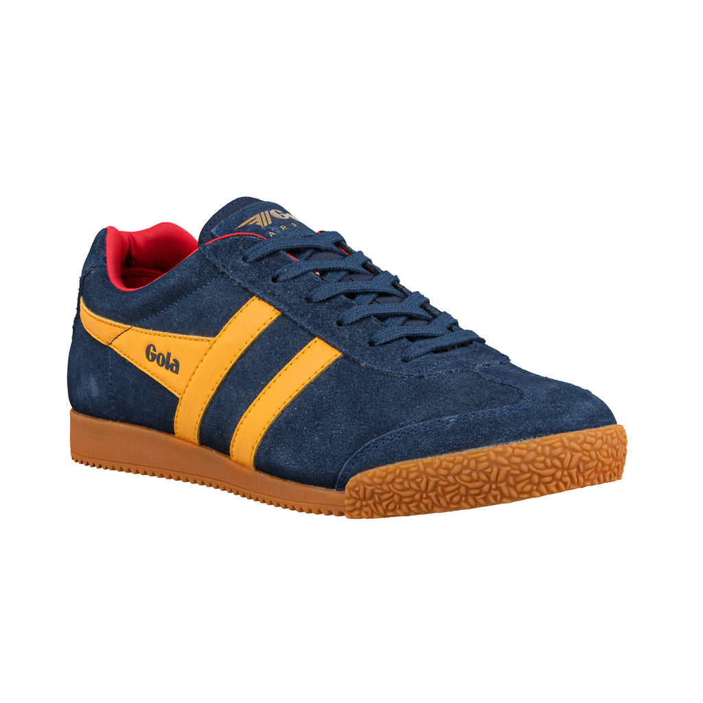 Navy blue suede Gola trainer with yellow side stripes and a gum sole