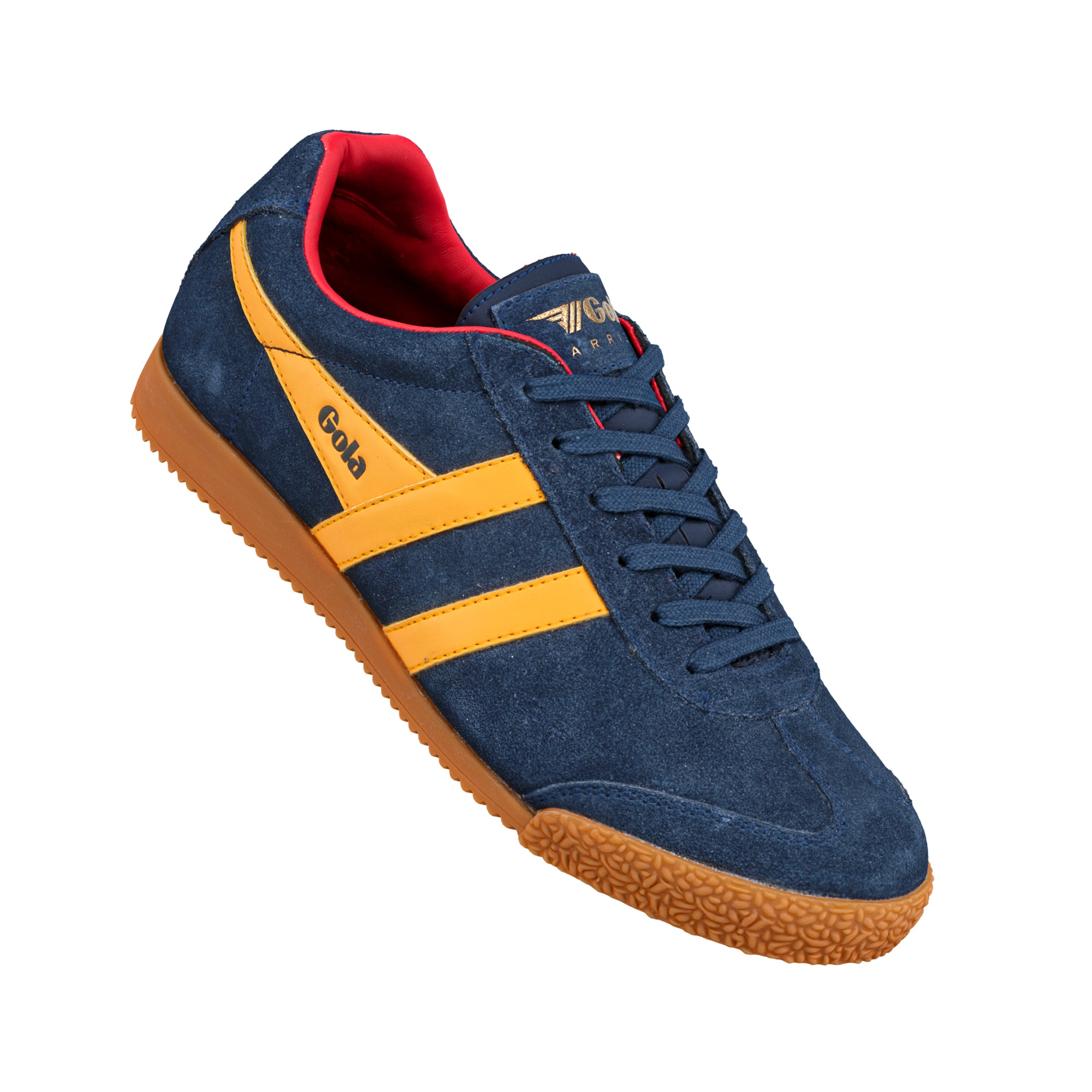 Navy blue suede trainer with yellow side stripes and a gum rubber sole