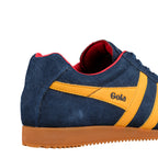 Rear view of a navy blue suede Gola trainer with yellow side stripes and a gum sole