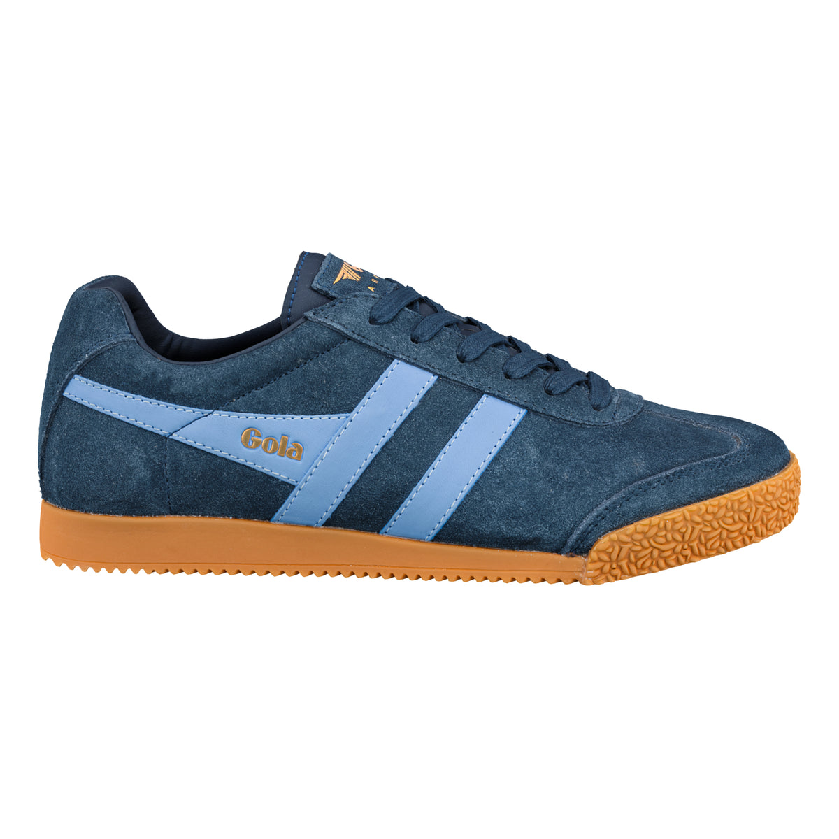 Gola Classics navy suede trainer with light blue side stripes and gum sole