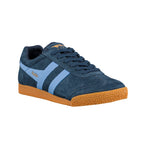 Navy blue suede Gola trainer with light blue side stripes and a gum rubber sole