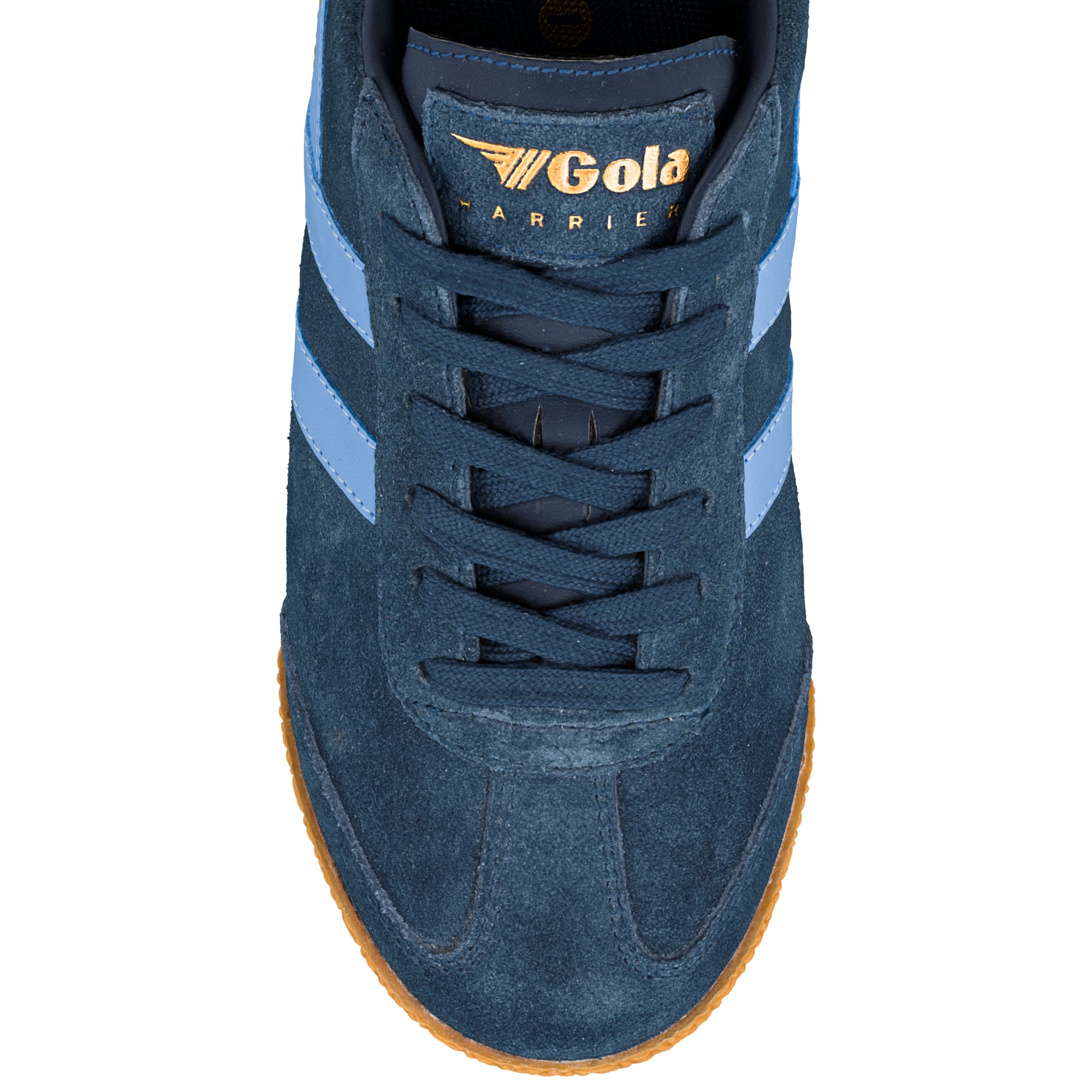 Top view of a navy blue suede Gola Harrier trainer with light blue stripes and a gum sole
