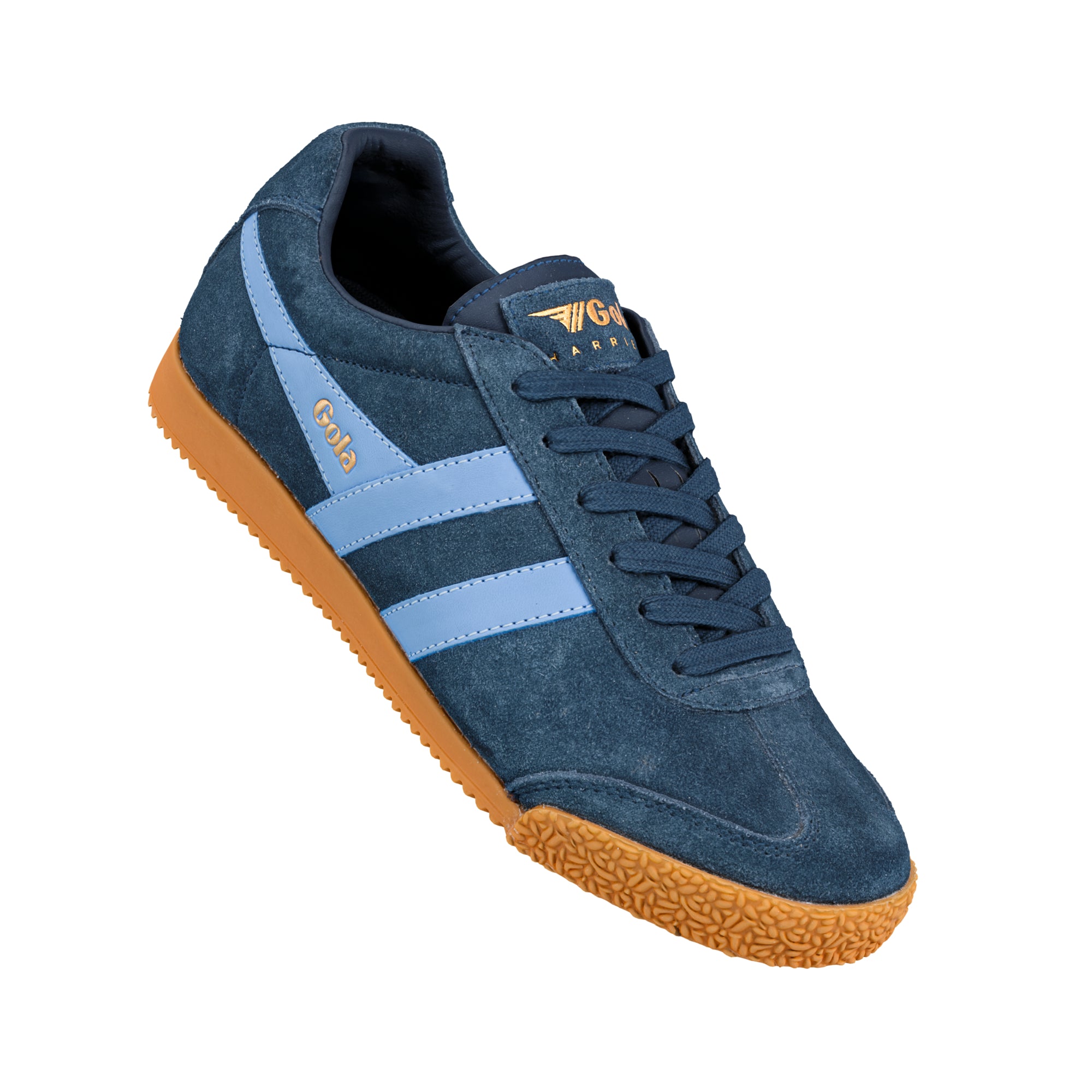 Navy suede Gola Harrier trainer with light blue side stripes and gum rubber sole