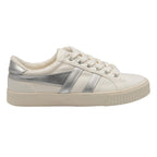 Gola Classics off white canvas trainer with silver metallic side stripes and cream rubber sole