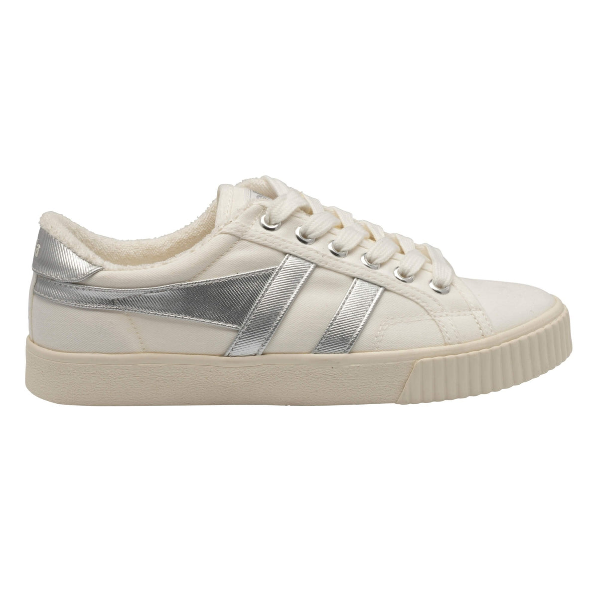 Gola Classics off white canvas trainer with silver metallic side stripes and cream rubber sole