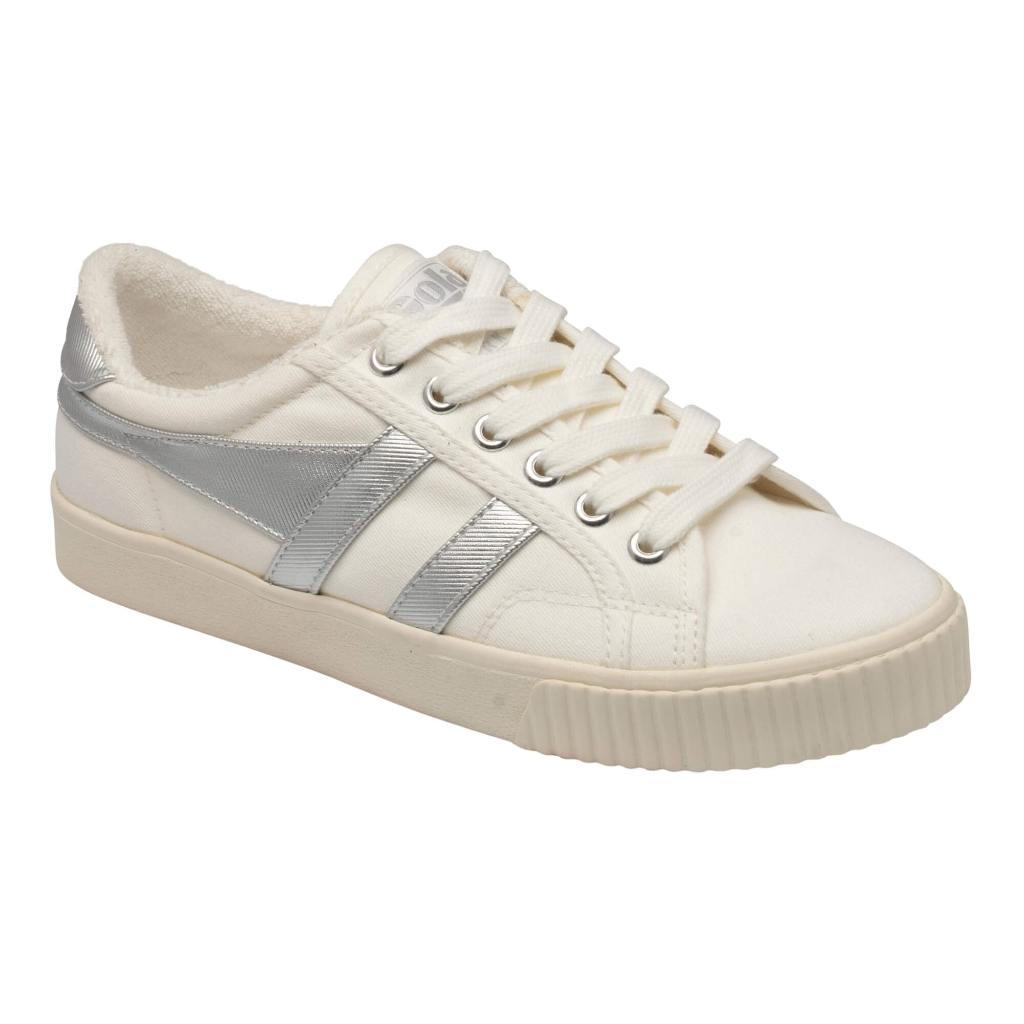 Gola Classics white canvas trainer with silver side stripes and cream rubber sole