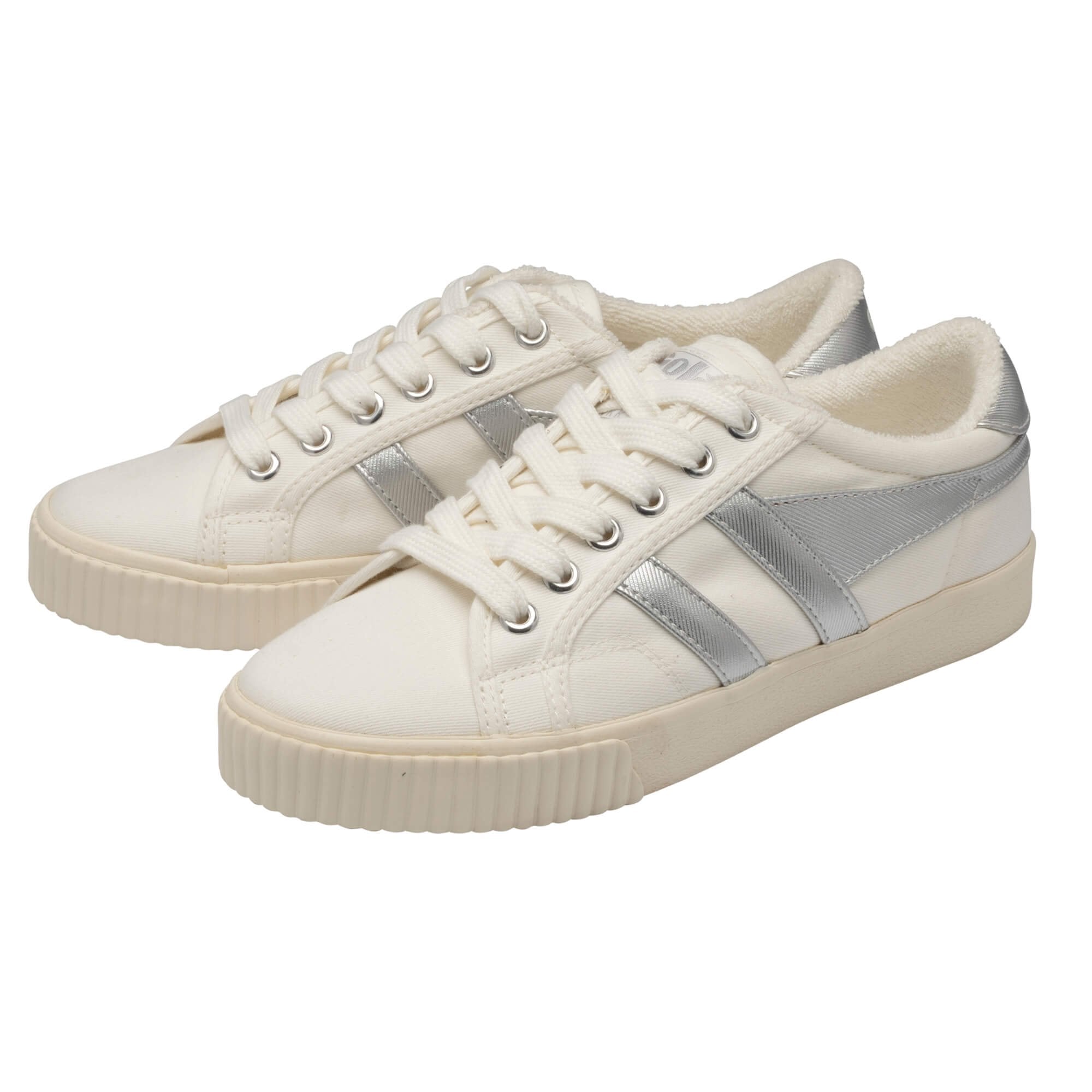 Gola Classics white canvas trainers with silver side stripes and lace up fastening