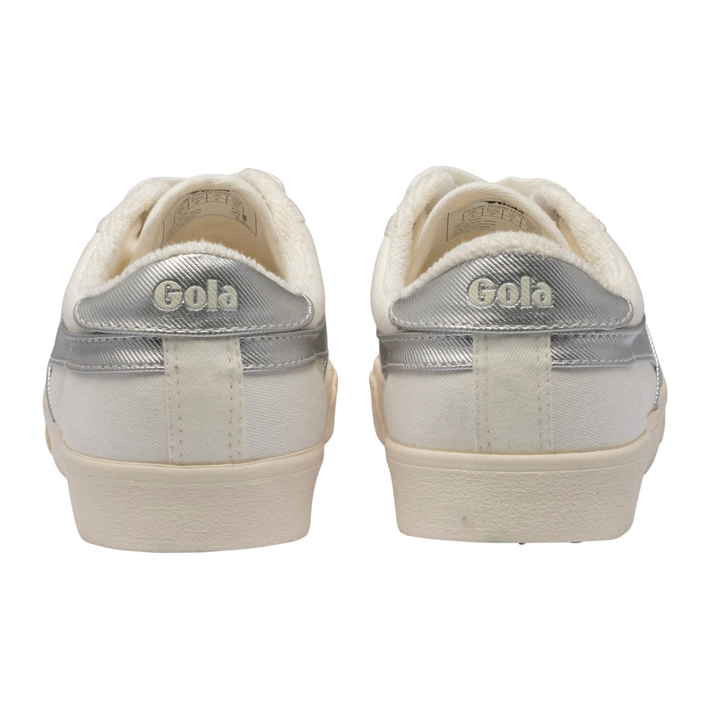 Rear view of white Gola Classics trainers with silver metallic heel tabs