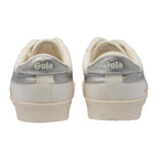 Rear view of white Gola Classics trainers with silver metallic heel tabs