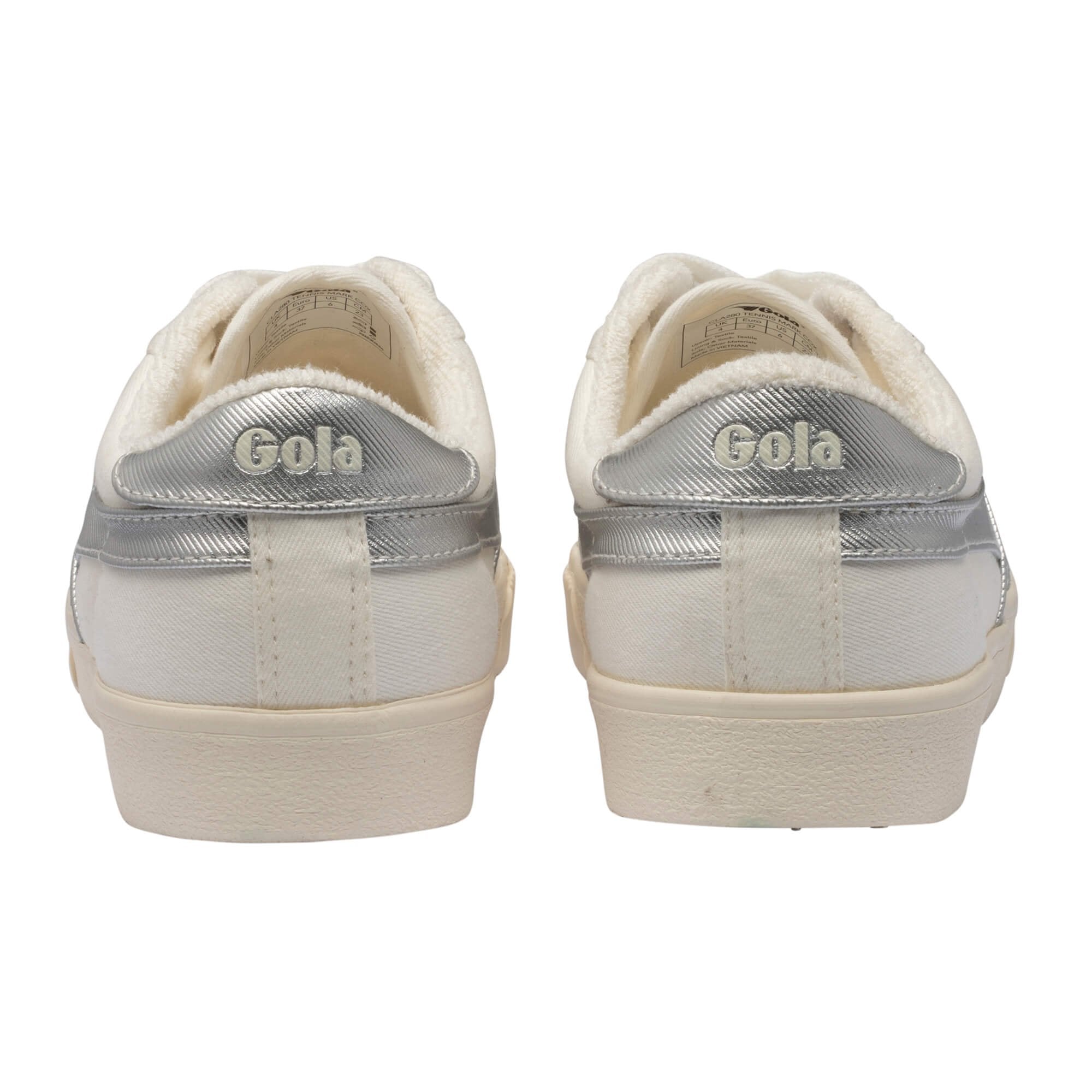 Rear view of white Gola Classics trainers with silver metallic heel tabs
