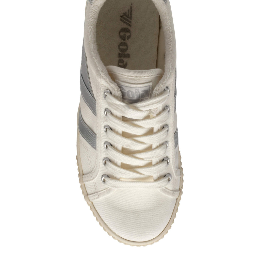 Gola Classics white canvas trainer with silver side stripes and lace up fastening